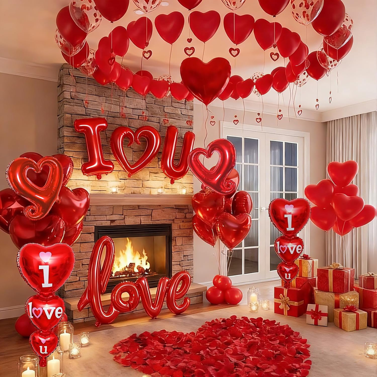 Valentines Day Balloon Kit, I Love You Balloons, Red Heart Balloons, Confetti Balloons with Rose Petals, Heart Hanging for Valentines Anniversary Day Wedding Romantic Decorations