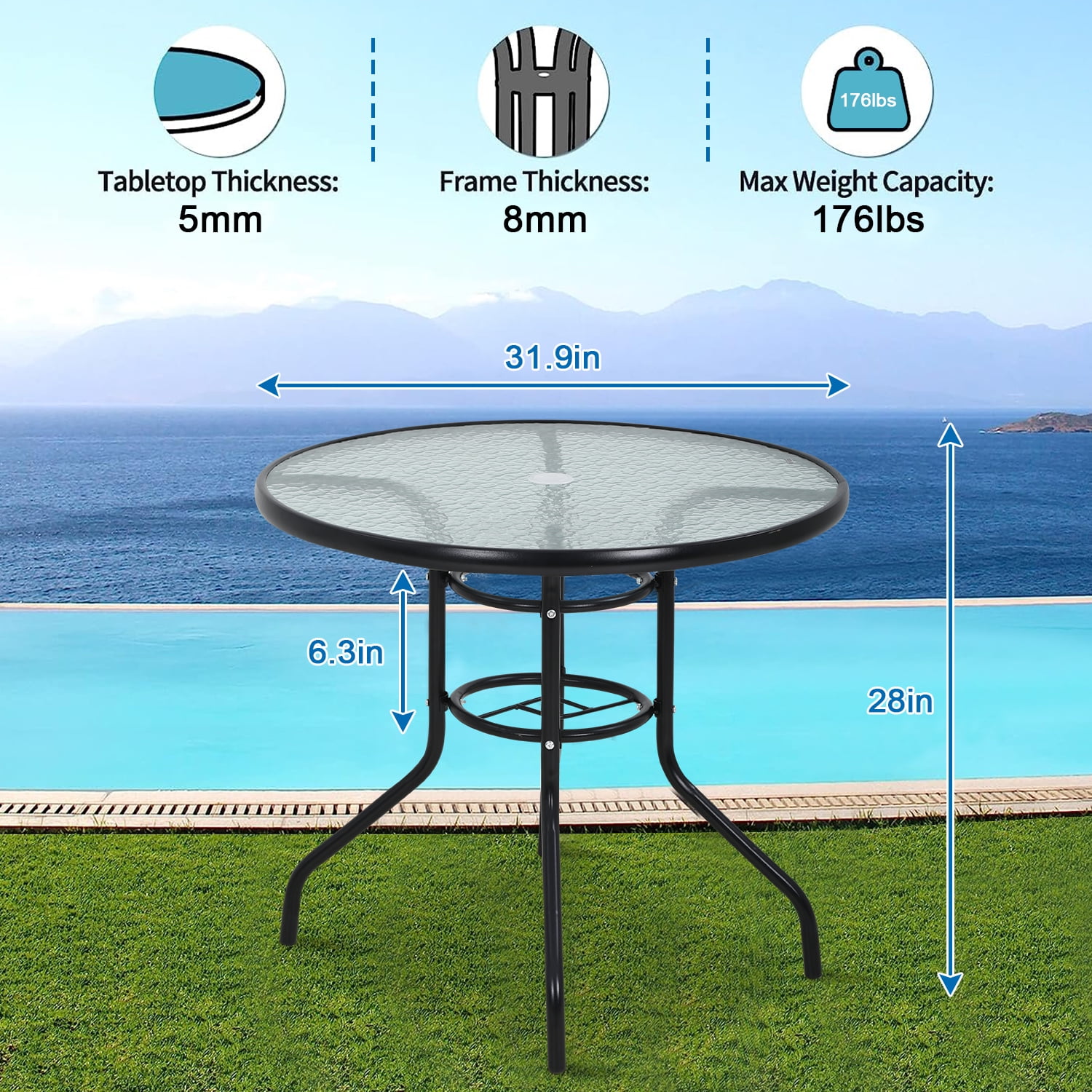 32 patio table with umbrella hole BIQWBIC 32" Square Dining Glass Top, Hole, All-Weather, Easy Assembly : Patio, Lawn & Garden or parties 32 Inch Outdoor Patio Round