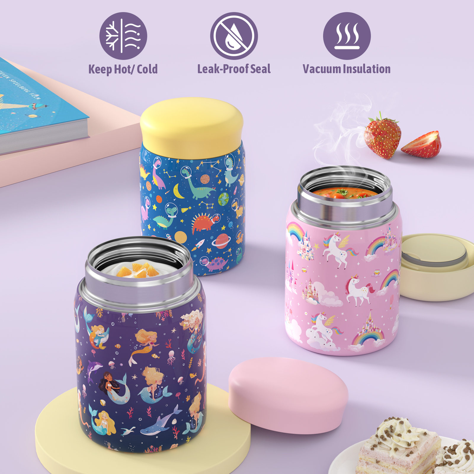 TeSabMi Bento Lunch Box for Kids Insulated Bento Box with Leak Proof Thermos Food Jar  Purple Mermaid