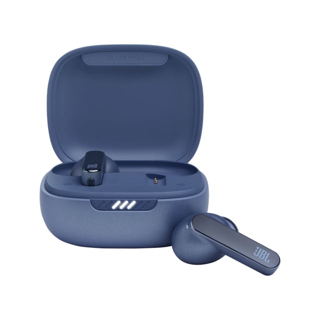audífonos inalámbricos bluetooth jbl live pro 2 nc azul con estuche abierto y un audífono fuera; diseño con vástago y acabado mate azul, logo JBL visible en el vástago, indicadores LED frontales en el estuche y texto 'JBL LIVE PRO 2' en la tapa interior; a menudo usados para llamadas manos libres y viajes cortos.