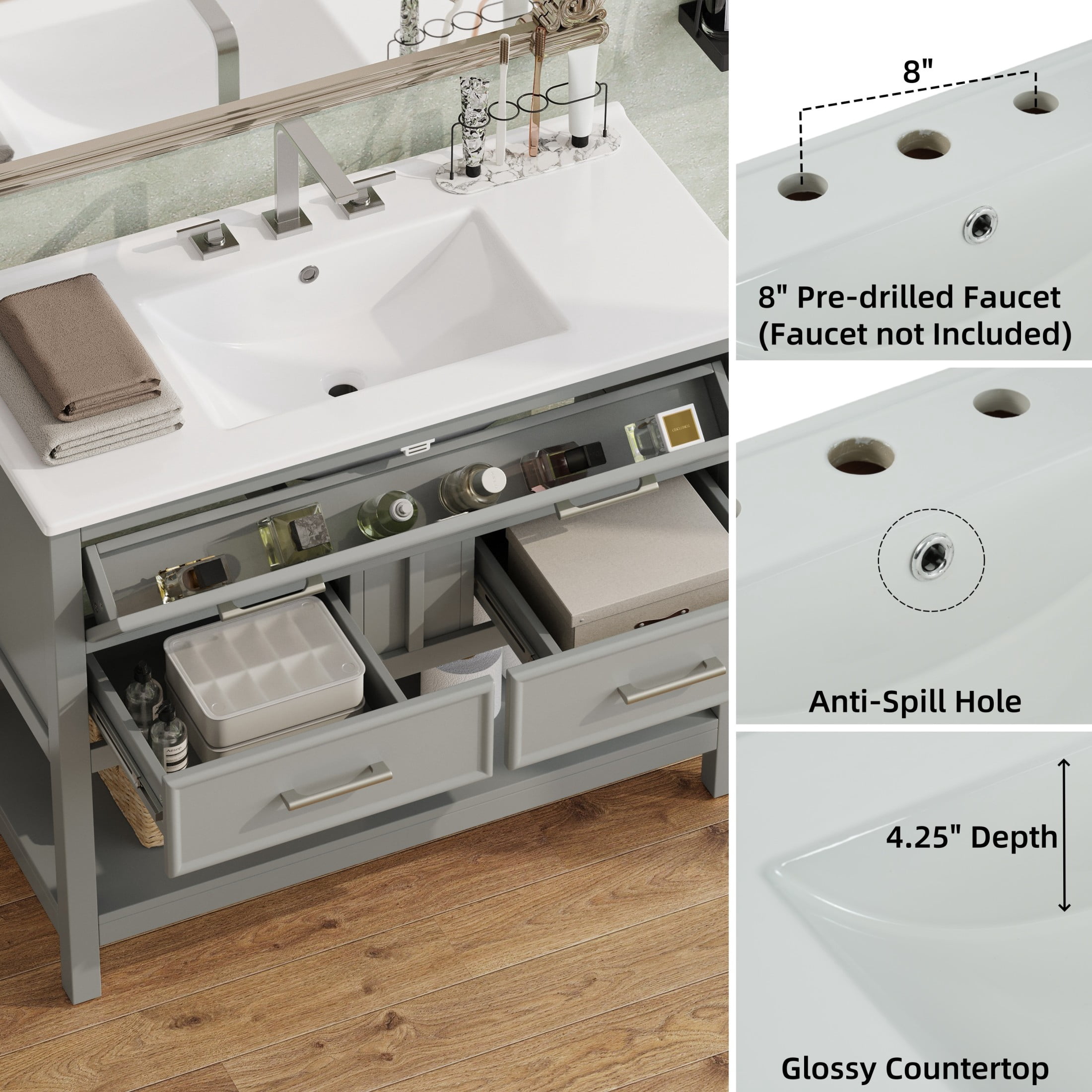 Christopher Knight Home 36" Bathroom Vanity with Sink, Bottom Open Shelf, Tip-Out Tray Drawers, Gray