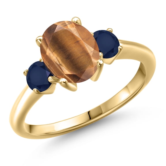 Gem Stone King 10K Yellow Gold Brown Tiger Eye and Blue Sapphire Engagement Ring for Women | 2.20 Cttw | Oval 9X7MM | Gemstone Birthstone | Size 7