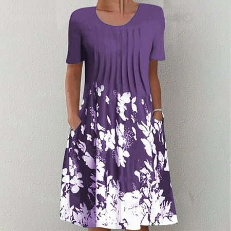 

YanHoo Women s Sundress Casual Short Sleeve Round-neck Mini Dress Summer Loose Casual Print Ruched Dress