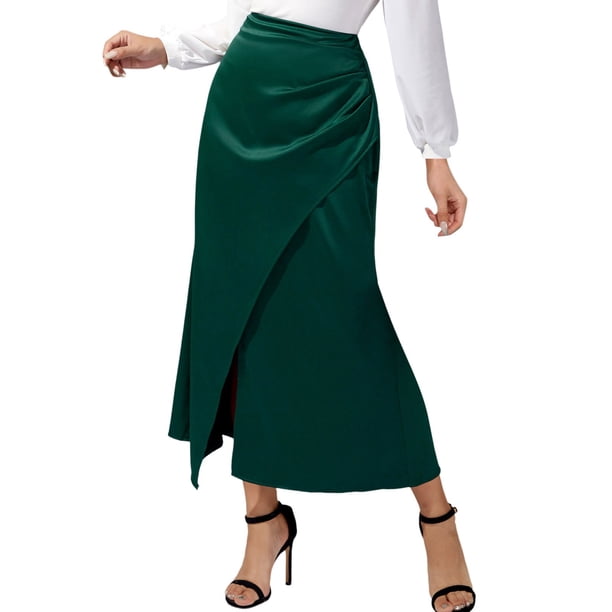 Gibobby faldas largas de mujer casuales Falda larga plisada de satén de cintura alta para mujer, falda de Color sólido europea y americana, falda de cadera con cola de pez con(Verde, M)