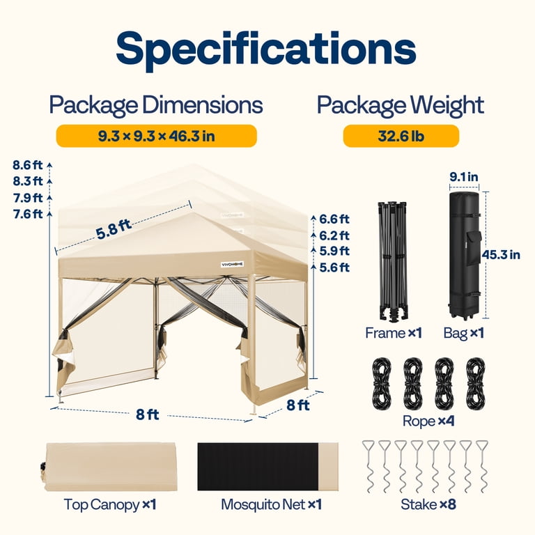 SPECSTAR 8'x8' Pop Up Canopy Tent, Mesh Netting, Zipper Doors, UV