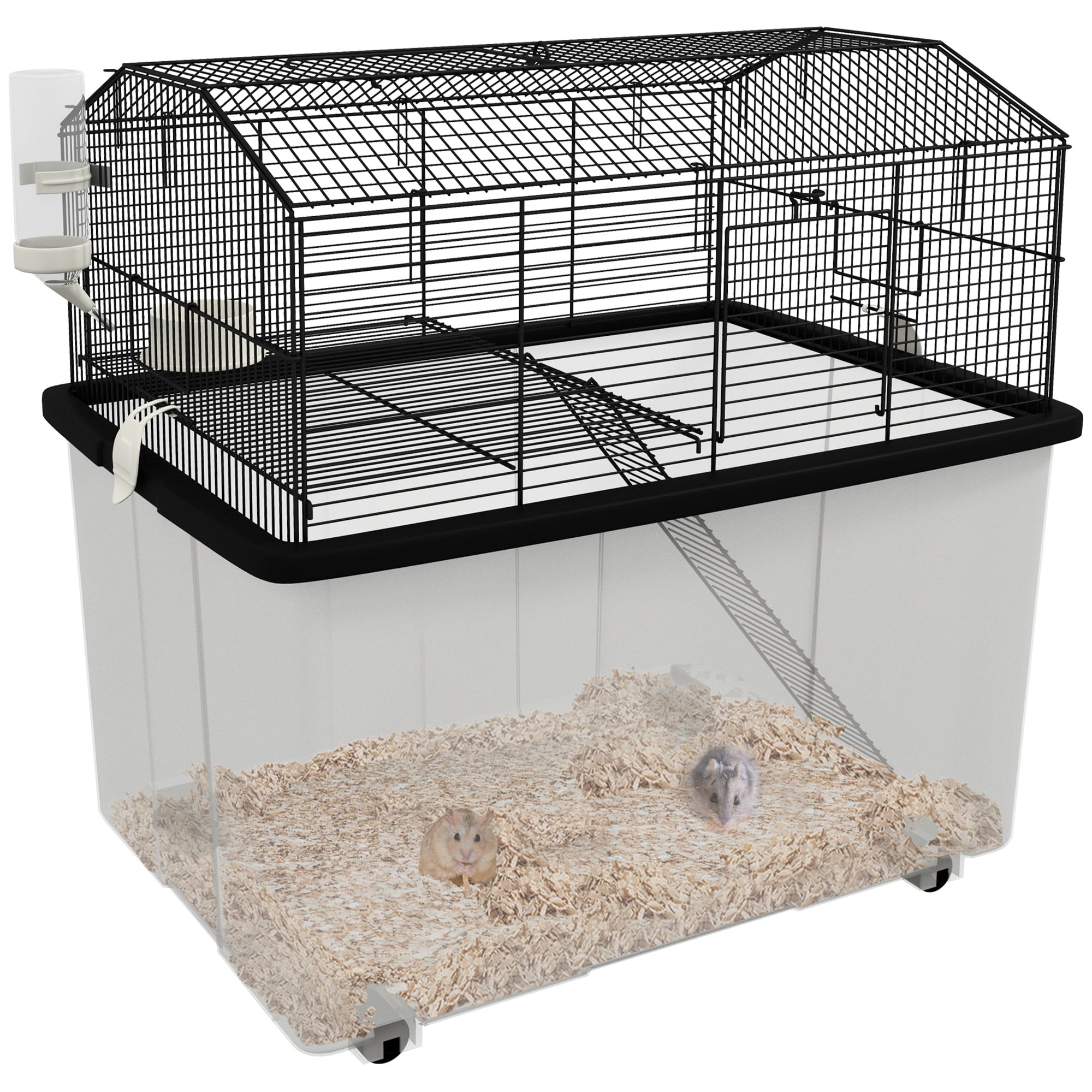 PawHut 22" 2-Tier Hamster Cage with Extra-Deep 14" Base, Small Animal Cage with Ramp, Water Bottle, Food Dish, Wheels, Black