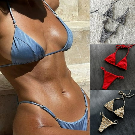 Push-up Back Bandage Bikini Set Two Pieces Halter Micro Triangle Bra Low Waist Thong Swimsuit for Summer