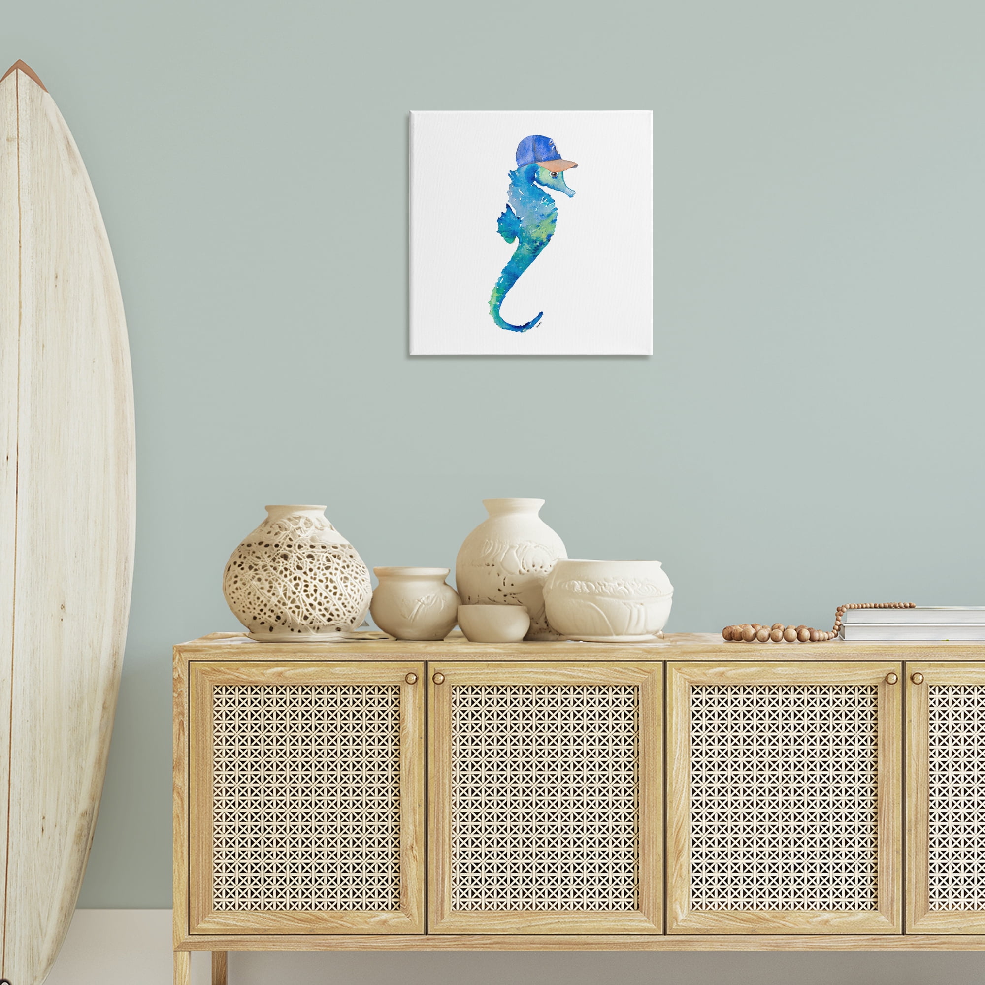 Stupell Industries Blue Seahorse in Hat Novelty Painting Gallery Wrapped Canvas Art Print Wall Art, 24 x 24