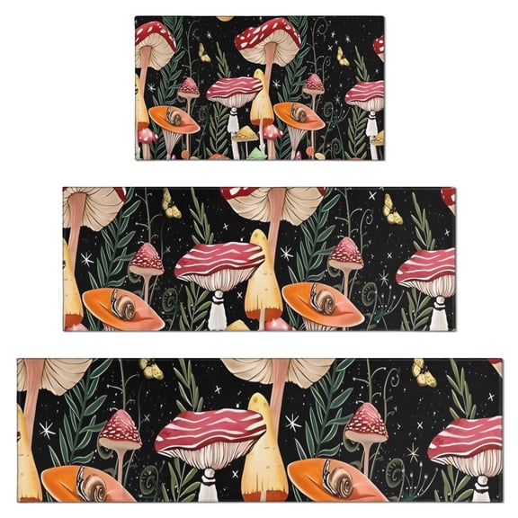 Red Mushroom Butterfly Black Pattern Kitchen Rugs Sets Of 3,Kitchen Runner Rugs Non Skid Washable,Decorative Kitchen Floor Mats for Kitchen,Sink,Laundry,17"x30" 17"x47" 17"x59"