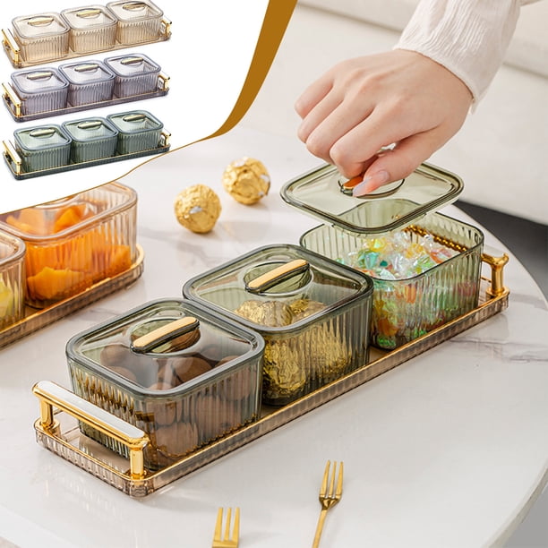 Bandeja transparente para snacks con tapa - Bandeja de 3 compartimentos para exhibición de frutas y dulces para organización de fiestas, cocina y despensa - Plástico dorado, verde y gris