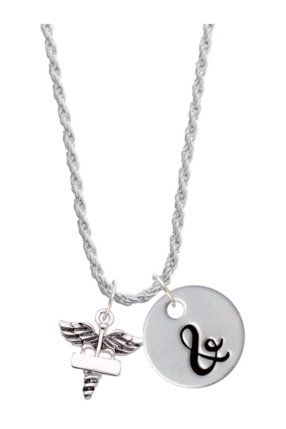 Silvertone Engraveable Caduceus - Silvertone Script Initial Disc - & - Charm Necklace, 20"+3"