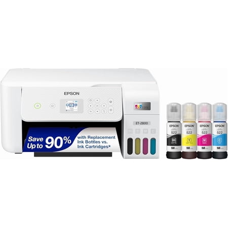 Epson EcoTank ET-2800 Wireless Color All-in-One Cartridge-Free Supertank with Scan and Copy, The Ideal Basic Home Printer - White (Sold without manufacturer warranty)