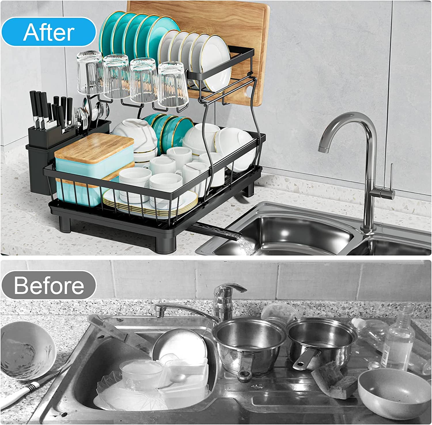 Large Dish Drying Rack, 2-Tier Dish Racks for Kitchen Counter, Detachable Large Capacity Dish Drainer Organizer with Utensil Holder, Dish Drying Rack with Drain Board, Black