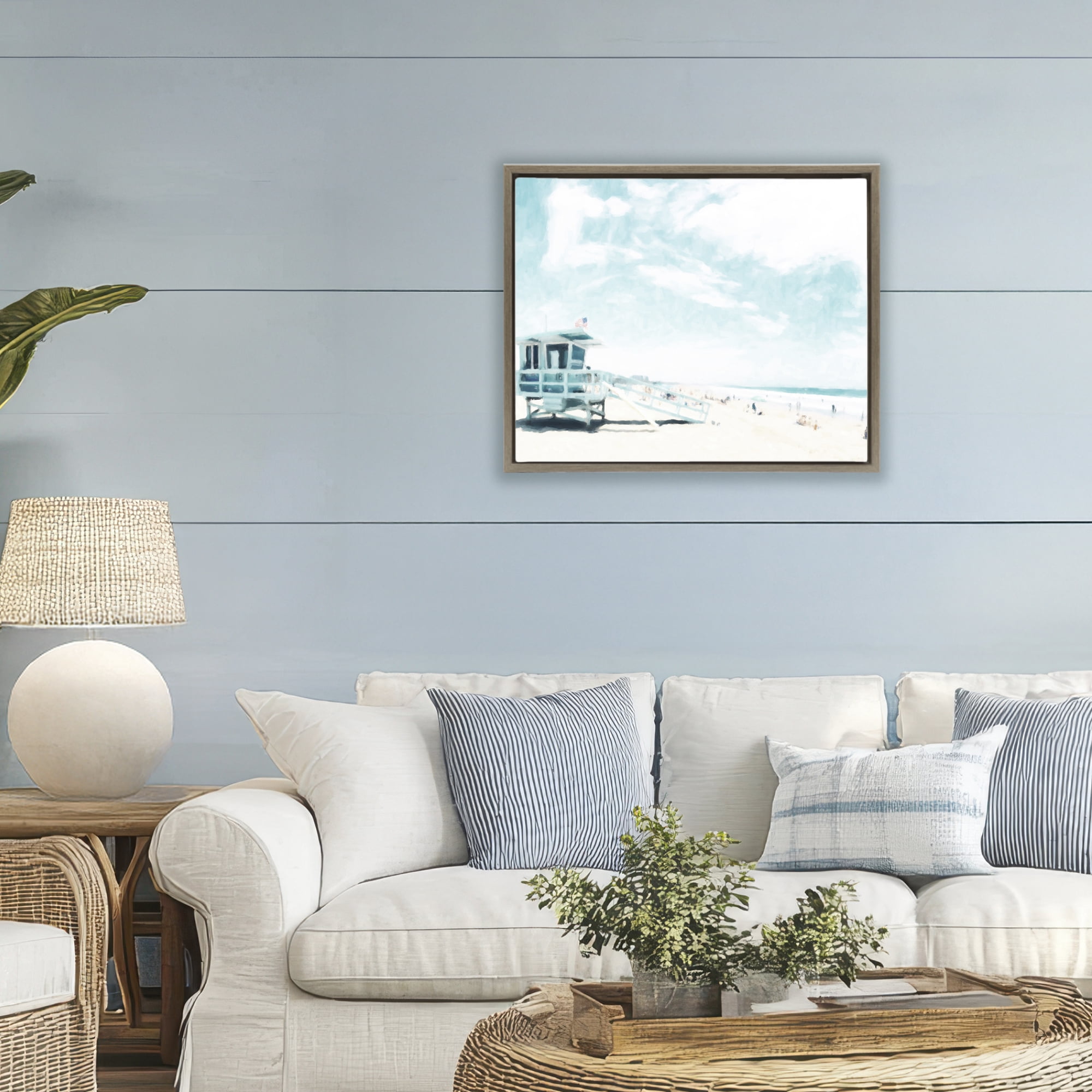 Stupell Industries Blue Beach Station Brown Framed Floater Canvas Wall Art, design by Kim Curinga