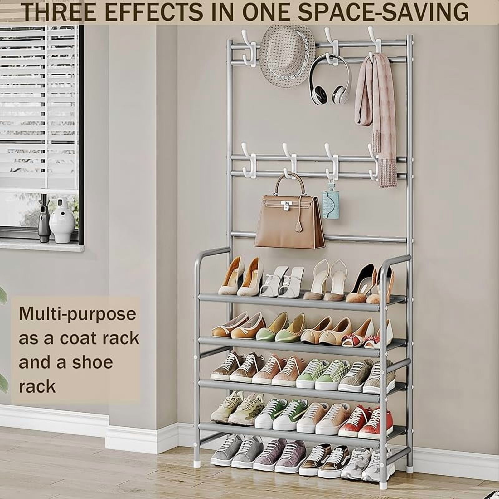 Coat Rack Shoe Rack With Storage Shelf Freestanding with 8 Hooks for Entryway Bedroom Closet 4 Tier, Grey
