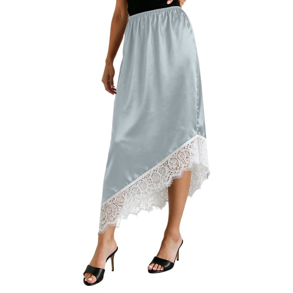 Fengactive Womens Satin Midi Skirt Elastic High Waist Asymmetrical Lace Trim Flowy Party Skirt