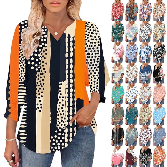 JTZGDY Floral Tops for Women Boho Printed Summer 3/4 Lenght Sleeve V Neck Graphic Tunic T-Shirts Loose Fit Dressy Casual Western Shirts with Smoked Cuff Sleeves Purple#02 L