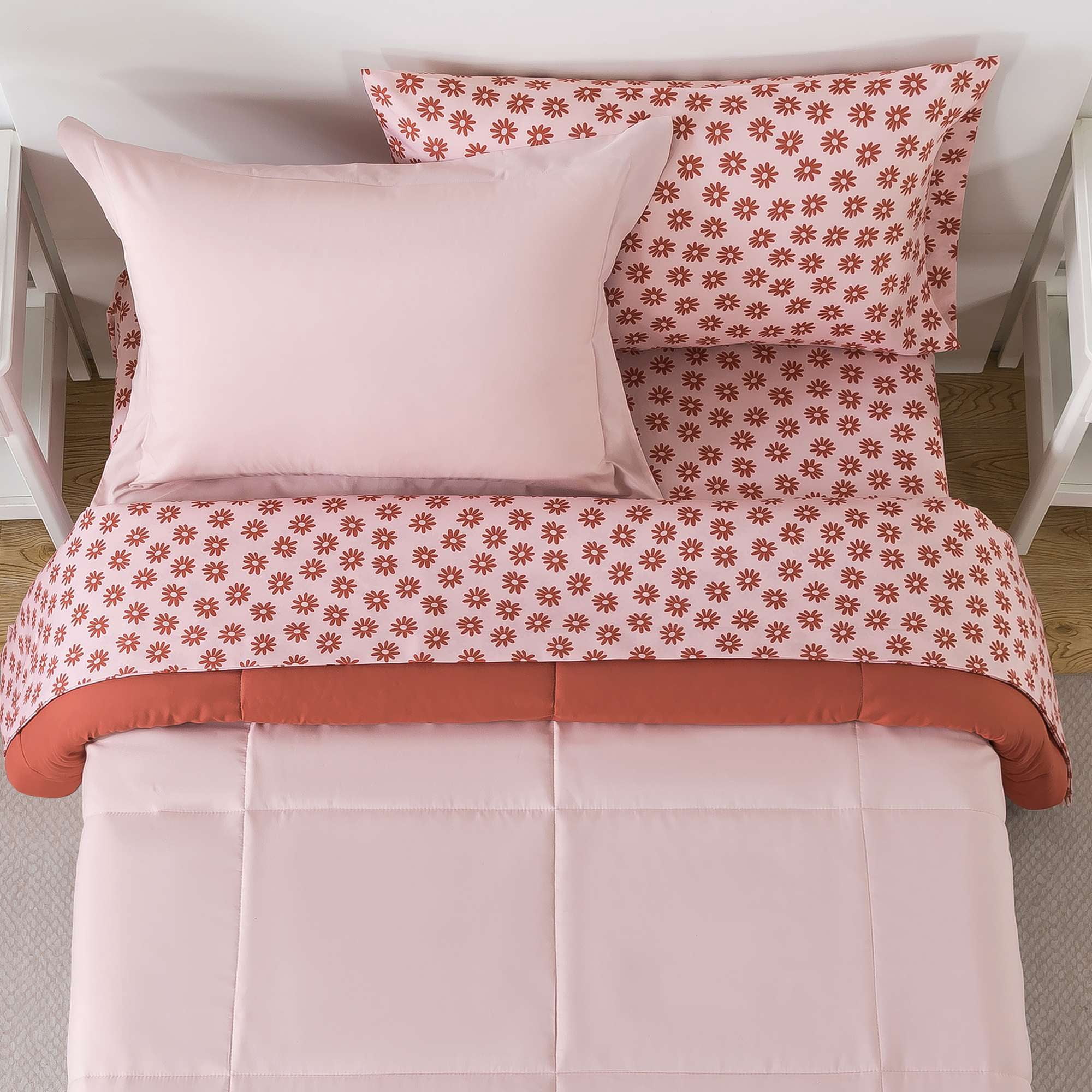 Mainstays All in One Reversible Comforter and Sheet Set, 5-Piece, Twin, Pink Blush