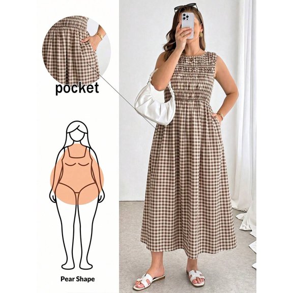 Womens Brown Plaid Smocked Midi Dress With Pockets