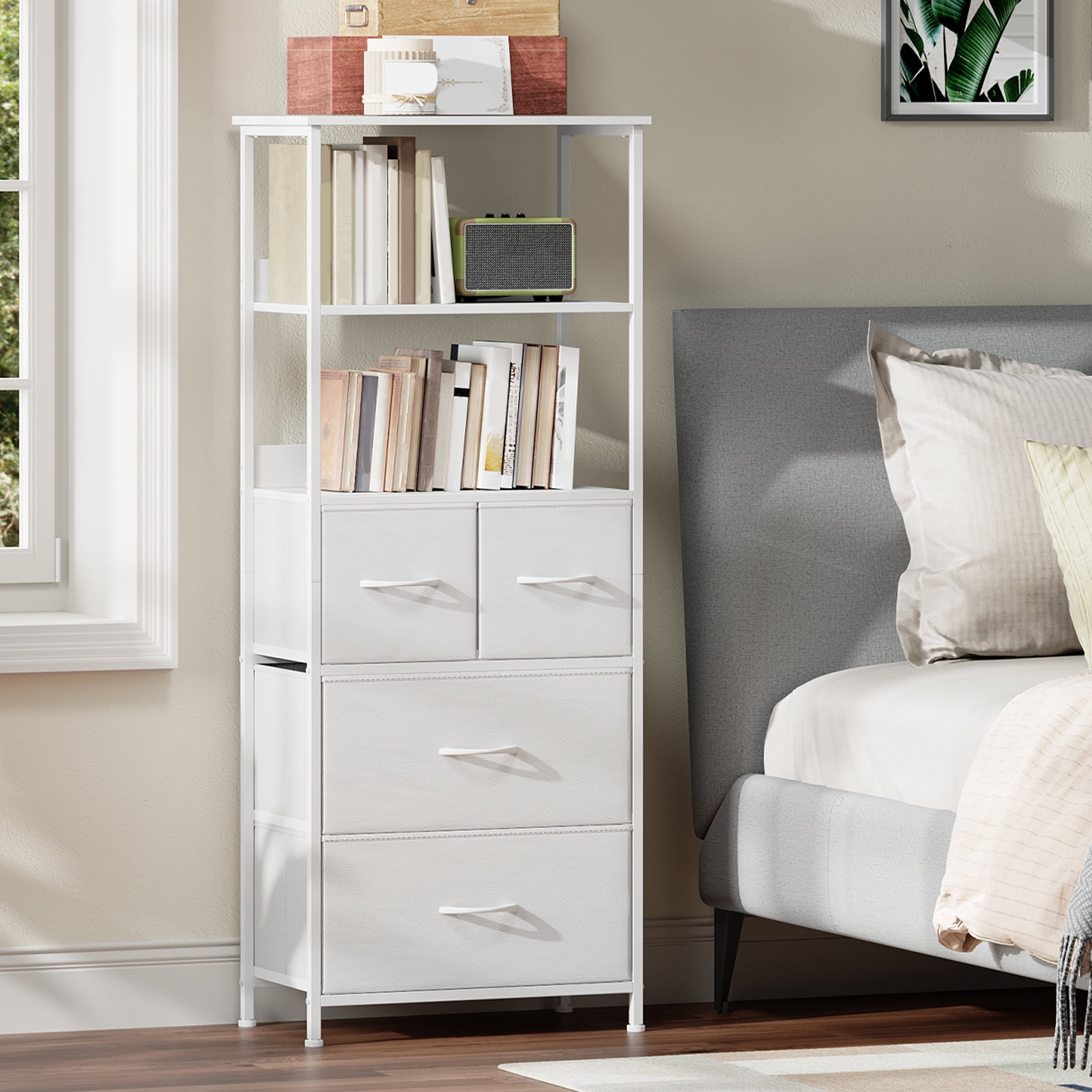 Eunos 6 Tier White Tall Bookcase with Drawers, 4 Removable Drawer Ladder Bookshelf, Bedroom Study