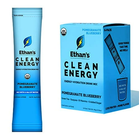 Ethan s Organic Energy Drink Mix  Pomegranate Blueberry Flavor  Clean Caffeine From Green Tea and Guayusa  Energy Powder Packets With Antioxidants  B6 & B12 Vitamin C And No Added Sugar (6 pack)