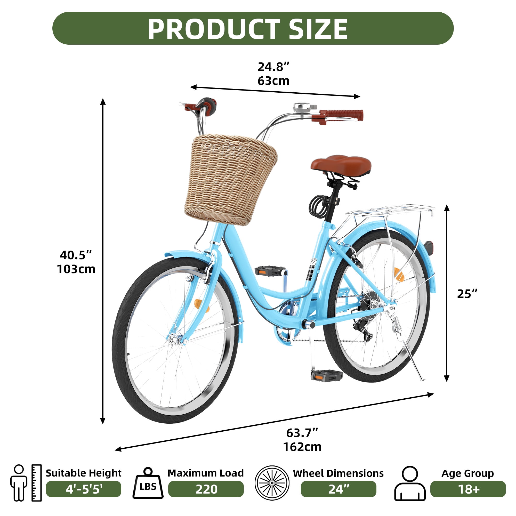 Uforic 24" Beach Cruiser Bike for Women, 7-Speed Adjustable Seat Bike Bicycle for Adult City Commuter, Blue