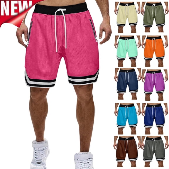 Tqyyweavej Men's Plus Basketball Shorts Mesh Color Block Striped Workout Shorts Drawstring Wide Leg Breathable Gym Shorts with Zip Pockets