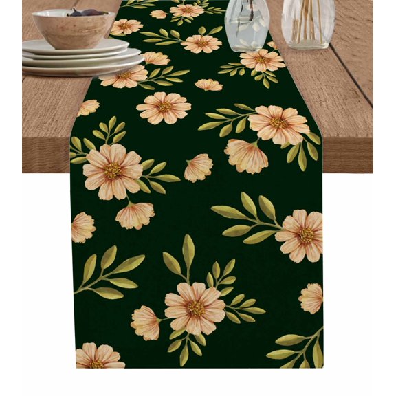 Elegant Flowers Burlap-Cotton Table Runner 70 Inches Long,Spring Floral Daisy Watercolor Rustic Black Farmhouse Table Runners,Outdoor Dining Tablecloths Decor for Baby Shower Party Wedding 13x70