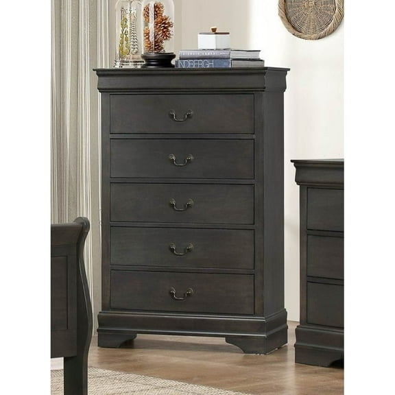 Traditional 5 Drawers Chest In Wood Dark Gray- Saltoro Sherpi
