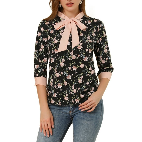 Allegra K Women's Bow Tie Neck Contrast Trim 3/4 Sleeve Floral Blouse