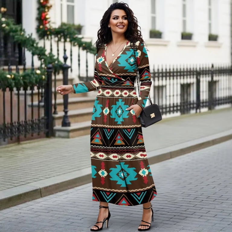 Fkelyi Womens Maxi Dress for Fall Casual Dress American Tribal Brown Geometric Print A-Line Tiered Flowy Long Sleeve Dresses with Side Pockets for