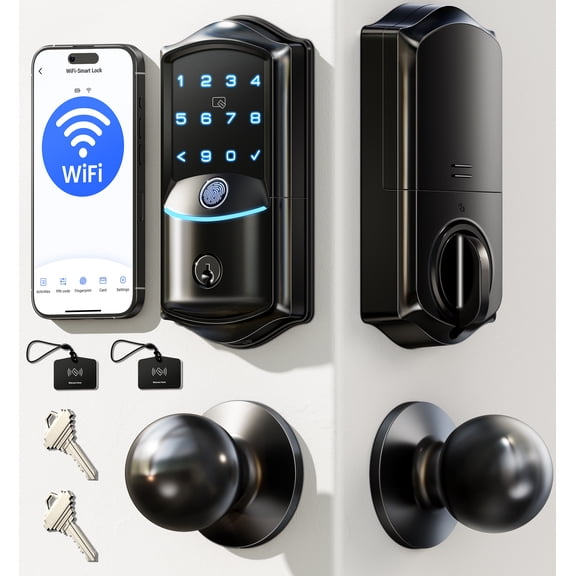 Veise VE027-K WiFi Smart Deadbolt Locks with 2 Knobs Set, Matte Black | Built-in Wi-Fi, 0.2s Fingerprint, App Remote Control, Works with Alexa, Backlit Touchscreen, IP65 Waterproof, for Front Door