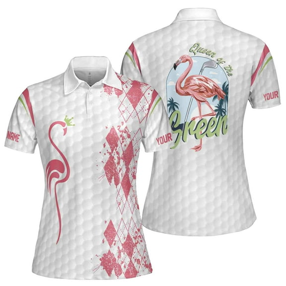 Custom Name Queen Of The Green Flamingo Queen Of Golf Women 3D Polo Shirt Size S-5XL