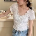 thumbnail image 4 of BUYISI Sweet Hot Girl Ruffled Lace-up Floral Slim Fit Short-sleeved T-shirt White S, 4 of 6