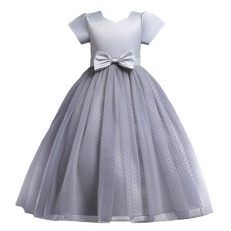

5-14T Girls Princess Dress Short Sleeve Bow Lace Wedding Dress Tulle Birthday Party Dresses Elegant Satin Dress