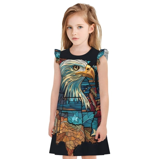 Fotbe Stained Glass Eagle USA Vestido de Dormir para Niñas de 3 a 10 Años, Mangas Cortas, Estilo Princesa, Pijama Camisón con Mangas Voladas-Medium