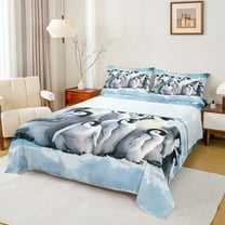 jejeloiu Cute Penguin Bed Sheets,Wild Animal King Sheets,Gray Blue Sheet Set For Boys Girls,Luxury Bedroom Decor,4-Piece