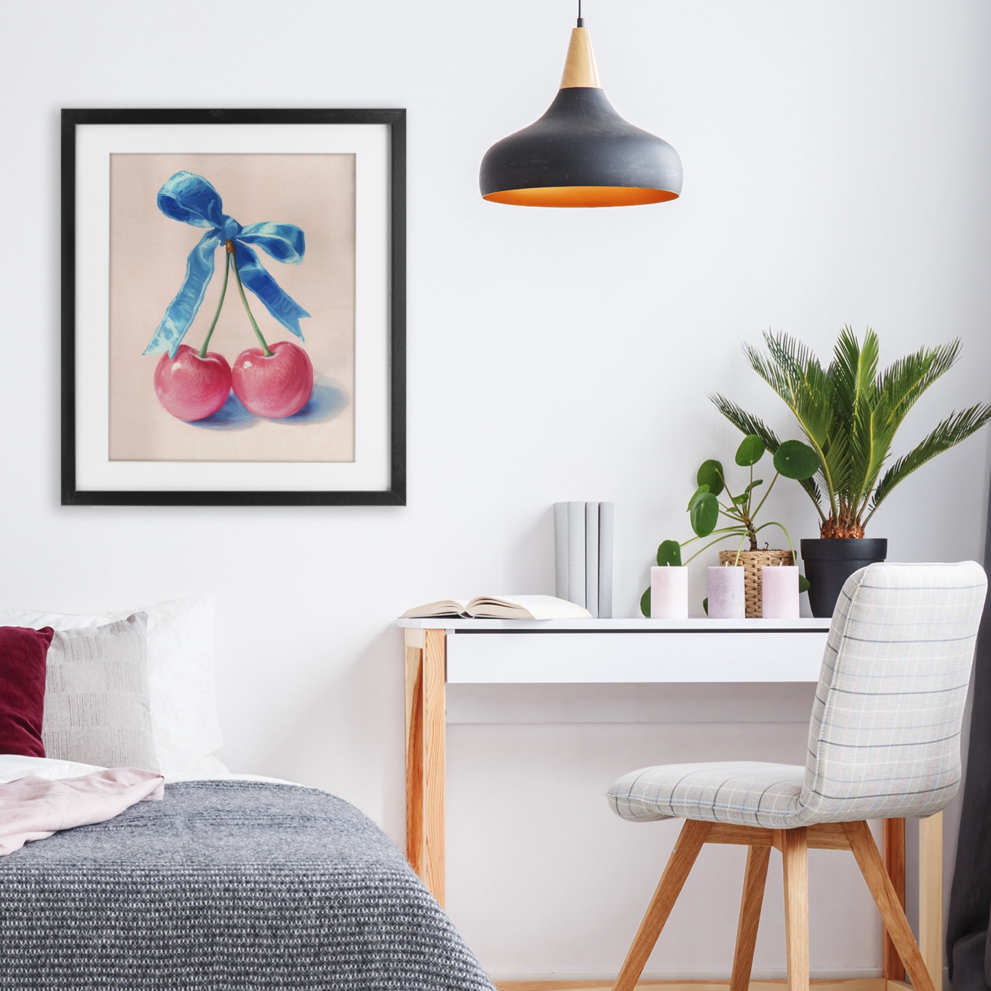 Stupell Industries Twin Cherries with Blue Ribbon Black Framed Print Under Glass, design by Imagine It Images