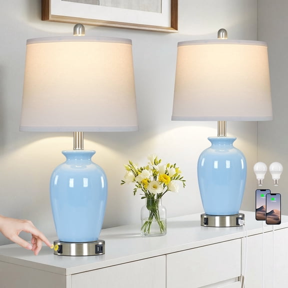 Lolikit 23"Table Lamp Set of 2 with USB C A,Coastal Ceramic Nightstand Bedside Lamp for Living Room Bedroom