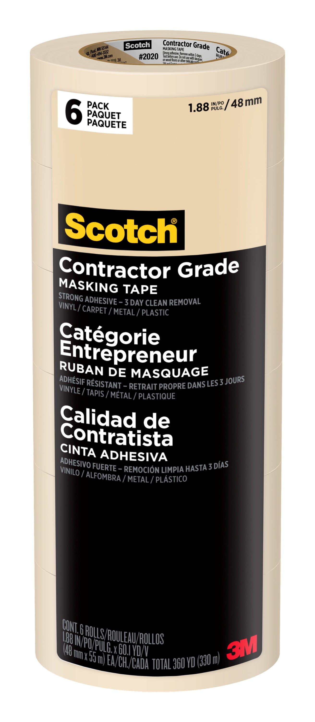 Scotch Contractor Grade Masking Tape, 1.88 in x 60.1 yd, Tan, 6 Rolls