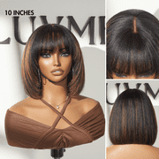 LUVME Put On and Go Reddish Purple / Brown Highlight / Natural Black Layered Cut Yaki Straight Minimalist Lace Bob Wig with Bangs