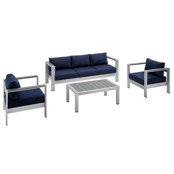 Modway Shore Sunbrella® Fabric Outdoor Patio Aluminum 4 Piece Set in Silver Navy