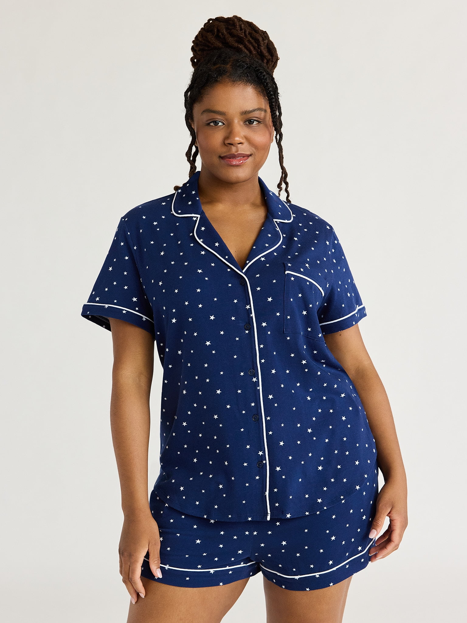Joyspun Women's Cotton Blend Notch Collar Top and Shorts Pajama Set, 2-Piece, Sizes S to 4X