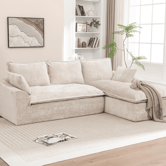 LEHZROAJ 103" Chenille Compressed Sofa,L Shaped Sectional Couch Pillows No Assembly Required for Living Room(Beige,Right)