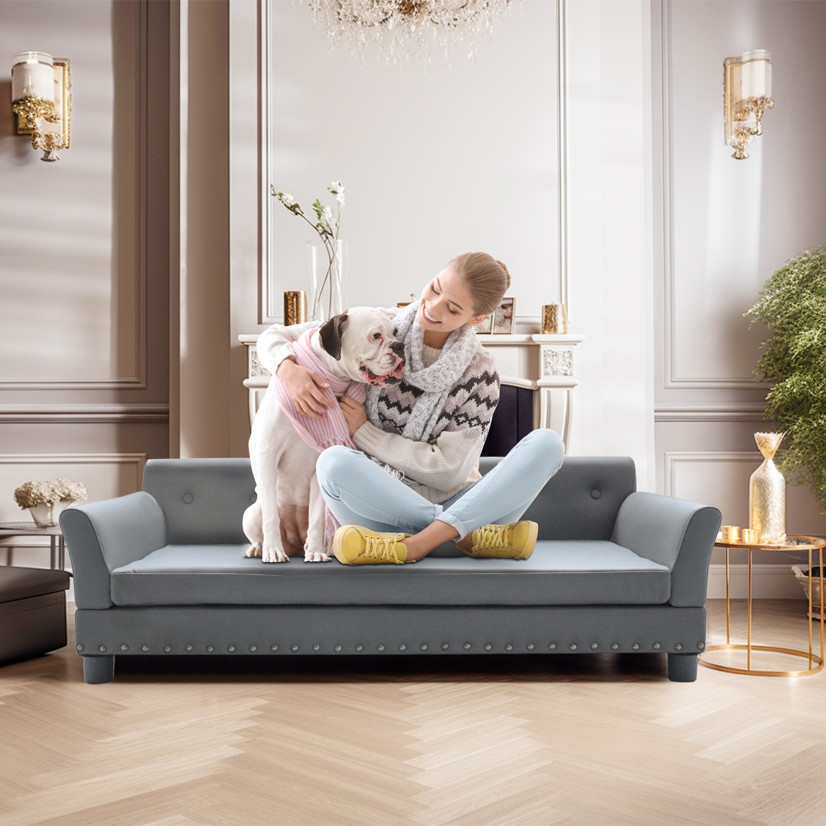 BingoPaw Extra Large Wooden Frame Raised Lounge Bed Dog Sofa Couch with Comfortable Cushion Mat Grey