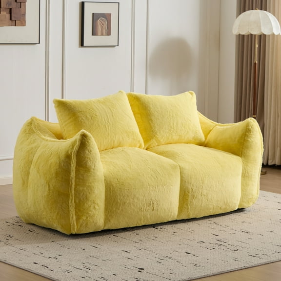 Giant Bean Bag Couch for Adults, 75" Oversized Fluffy Loveseat Sofa with Pillows, No Assembly Required, High-Density Foam Filling, Support for 650lbs, Cloud-Like Lounge Chair for Living Room(Yellow)