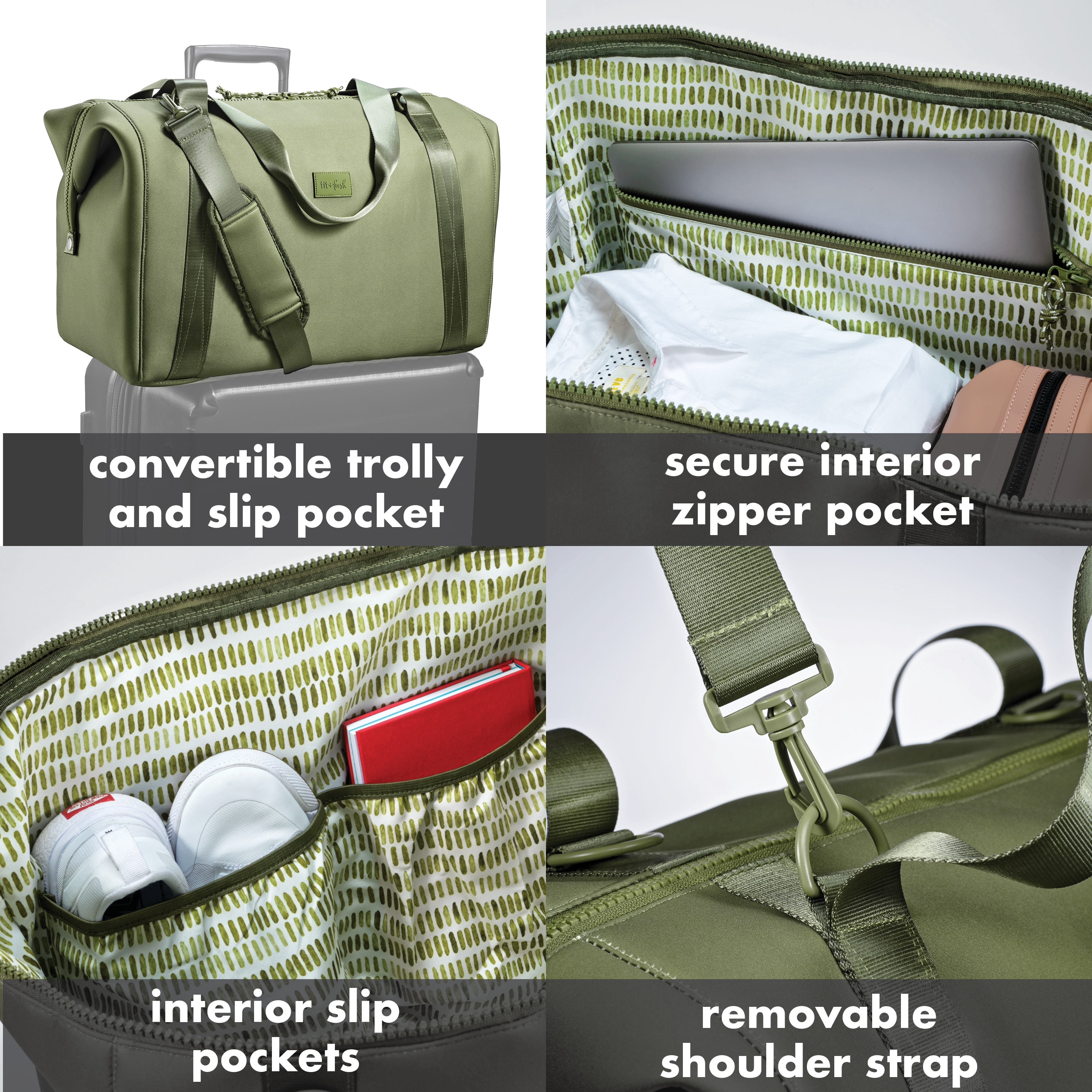 Fit & Fresh Premium Neoprene Weekender Bag, Travel Bag Trolley Sleeve, Carry on Duffel Bags, Moss