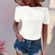 thumbnail image 2 of Blusas de Manga Corta para las Mujeres de la Moda Color Sólido Botón de Verano con Cuello Redondo, Poliéster, 2 of 7