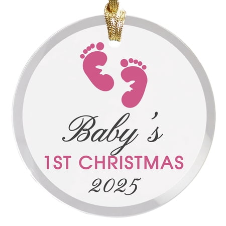 2025 Baby's 1st Christmas Pink Footprints Keepsake For Newborn Girl Round Disc Ornament