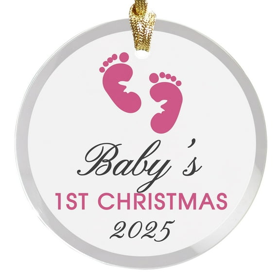 2025 Baby's 1st Christmas Pink Footprints Keepsake For Newborn Girl Round Disc Ornament